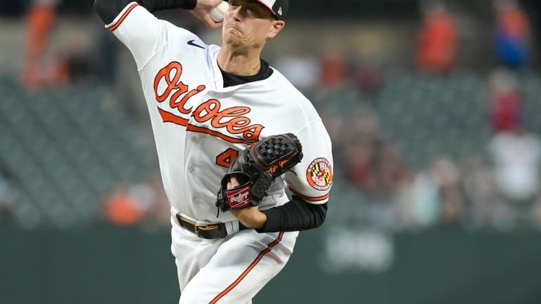 Apr 22, 2023; Baltimore, Maryland, USA;  Baltimore Orioles starting pitcher Kyle Gibson (48) throws a first inning pitch against the Detroit Tigers at Oriole Park at Camden Yards. Mandatory Credit: Tommy Gilligan-USA TODAY Sports