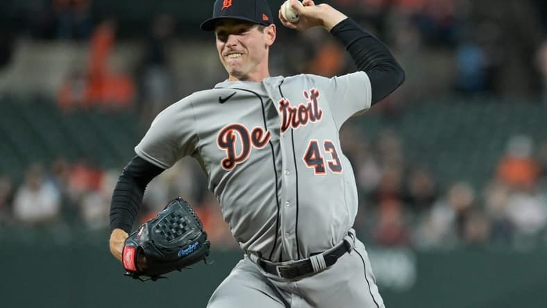 Apr 22, 2023; Baltimore, Maryland, USA; Detroit Tigers starting pitcher Joey Wentz (43) throws a first inning pitch against the Baltimore Orioles at Oriole Park at Camden Yards. Mandatory Credit: Tommy Gilligan-USA TODAY Sports