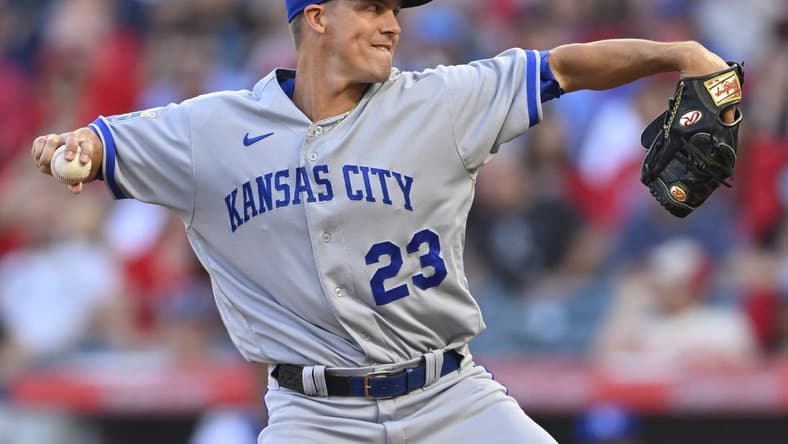 Apr 22, 2023; Anaheim, California, USA;  Kansas City Royals starting pitcher Zack Greinke (23) throws to the plate in the first inning against the Los Angeles Angels at Angel Stadium. Mandatory Credit: Jayne Kamin-Oncea-USA TODAY Sports
