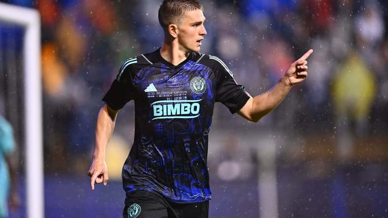 Apr 22, 2023; Philadelphia, Pennsylvania, USA; Philadelphia Union forward Mikael Uhre (7) celebrates his hat trick goal against Toronto FC during second half at Subaru Park. Mandatory Credit: Kyle Ross-USA TODAY Sports