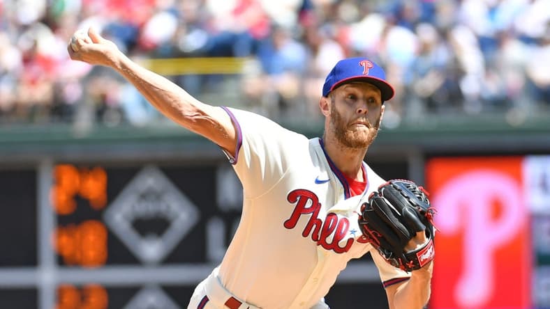 Apr 23, 2023; Philadelphia, Pennsylvania, USA; Philadelphia Phillies starting pitcher Zack Wheeler (45) throws a pitch against the Colorado Rockies during the first inning at Citizens Bank Park. Mandatory Credit: Eric Hartline-USA TODAY Sports