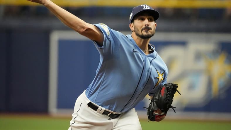 Apr 23, 2023; St. Petersburg, Florida, USA; Tampa Bay Rays starting pitcher Zach Eflin (24) throws in the first inning against the Chicago White Sox at Tropicana Field. Mandatory Credit: Dave Nelson-USA TODAY Sports