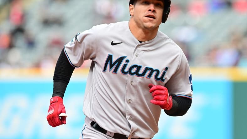 Apr 23, 2023; Cleveland, Ohio, USA; Miami Marlins designated hitter Avisail Garcia (24) rounds the bases after hitting a home run during the eighth inning against the Cleveland Guardians at Progressive Field. Mandatory Credit: Ken Blaze-USA TODAY Sports