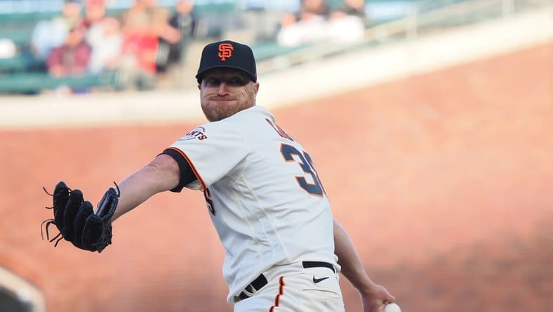 Apr 24, 2023; San Francisco, California, USA; San Francisco Giants starting pitcher Alex Cobb (38) pitches the ball against the St. Louis Cardinals during the first inning at Oracle Park. Mandatory Credit: Kelley L Cox-USA TODAY Sports
