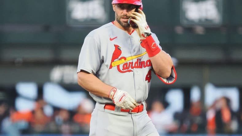 Apr 24, 2023; San Francisco, California, USA; St. Louis Cardinals first baseman Paul Goldschmidt (46) adjusts his helmet after hitting a double against the San Francisco Giants during the fourth inning at Oracle Park. Mandatory Credit: Kelley L Cox-USA TODAY Sports