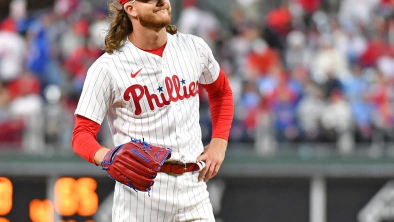 Apr 25, 2023; Philadelphia, Pennsylvania, USA; Philadelphia Phillies starting pitcher Bailey Falter (70) reacts after allowing a home run against the Seattle Mariners during the fifth inning at Citizens Bank Park. Mandatory Credit: Eric Hartline-USA TODAY Sports