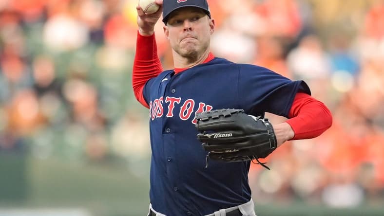 Apr 25, 2023; Baltimore, Maryland, USA; Boston Red Sox starting pitcher Corey Kluber (28) throws a second inning pitch against the Baltimore Orioles at Oriole Park at Camden Yards. Mandatory Credit: Tommy Gilligan-USA TODAY Sports