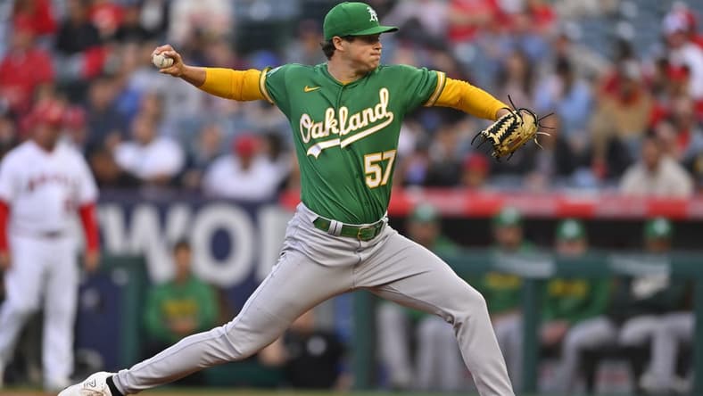 Apr 25, 2023; Anaheim, California, USA;  Oakland Athletics starting pitcher Mason Miller (57) throws to the plate in the first inning against the Los Angeles Angels at Angel Stadium. Mandatory Credit: Jayne Kamin-Oncea-USA TODAY Sports