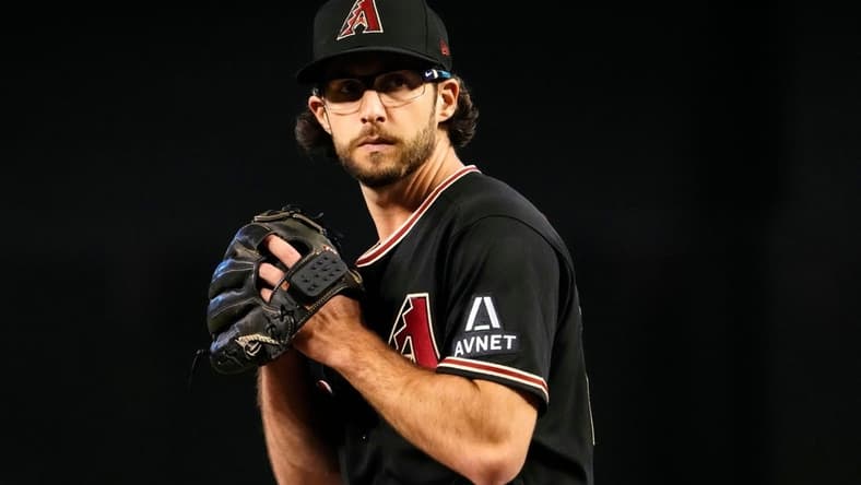 Apr 26, 2023; Phoenix, AZ, USA; Arizona Diamondbacks starting pitcher Zac Gallen (23) faces the Kansas City Royals in the first inning at Chase Field. Mandatory Credit: Rob Schumacher-Arizona Republic
Mlb Royals At D Backs