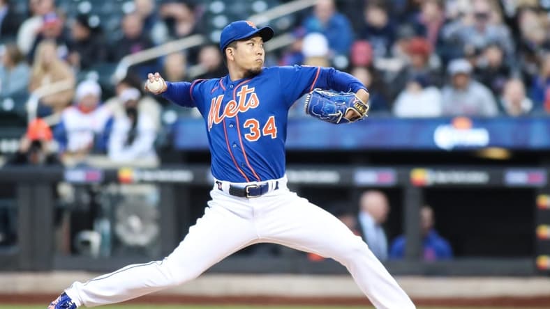 Apr 26, 2023; New York City, New York, USA;  New York Mets starting pitcher Kodai Senga (34) pitches in the first inning against the Washington Nationals at Citi Field. Mandatory Credit: Wendell Cruz-USA TODAY Sports