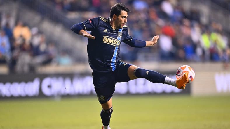 Apr 26, 2023; Chester, PA, USA; Philadelphia Union forward Julian Carranza (9) jumps for the ball against Los Angeles FC in the first half at Subaru Park. Mandatory Credit: Kyle Ross-USA TODAY Sports