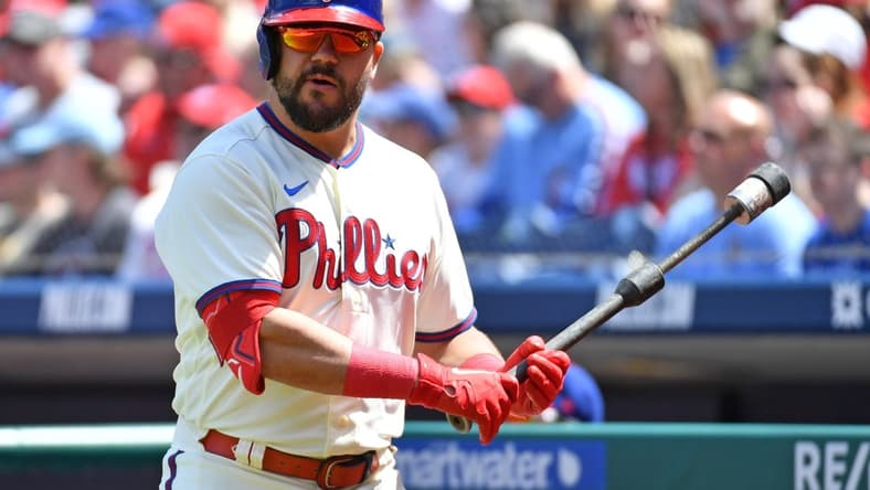 Apr 23, 2023; Philadelphia, Pennsylvania, USA; Philadelphia Phillies left fielder Kyle Schwarber (12) on deck against the Colorado Rockies at Citizens Bank Park. Mandatory Credit: Eric Hartline-USA TODAY Sports