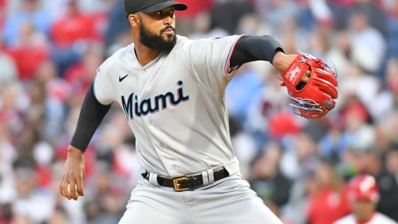 Apr 10, 2023; Philadelphia, Pennsylvania, USA; Miami Marlins starting pitcher Sandy Alcantara (22) throws a pitch against the Philadelphia Phillies at Citizens Bank Park. Mandatory Credit: Eric Hartline-USA TODAY Sports