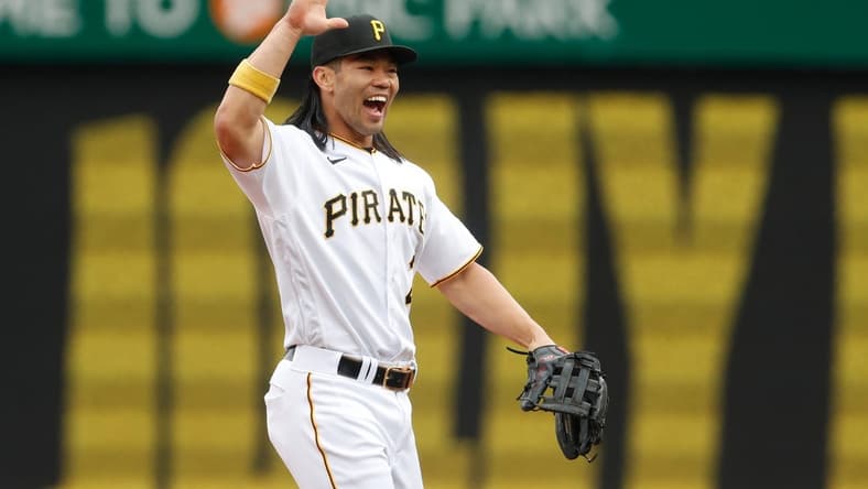 Apr 23, 2023; Pittsburgh, Pennsylvania, USA;  Pittsburgh Pirates right fielder Connor Joe (2) reacts after the Pirates defeated the Cincinnati Reds at PNC Park. Mandatory Credit: Charles LeClaire-USA TODAY Sports