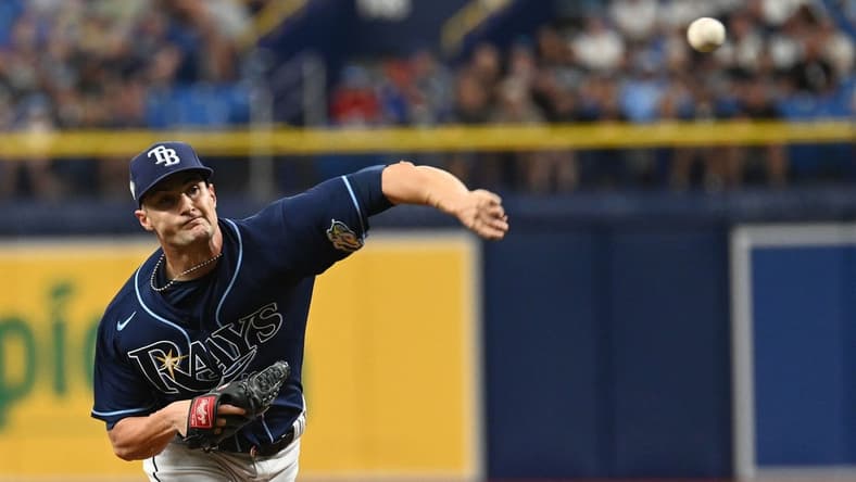 Apr 22, 2023; St. Petersburg, Florida, USA; Tampa Bay Rays pitcher Shane McClanahan (18) throws a pitch in the first inning against the Chicago White Sox at Tropicana Field. Mandatory Credit: Jonathan Dyer-USA TODAY Sports