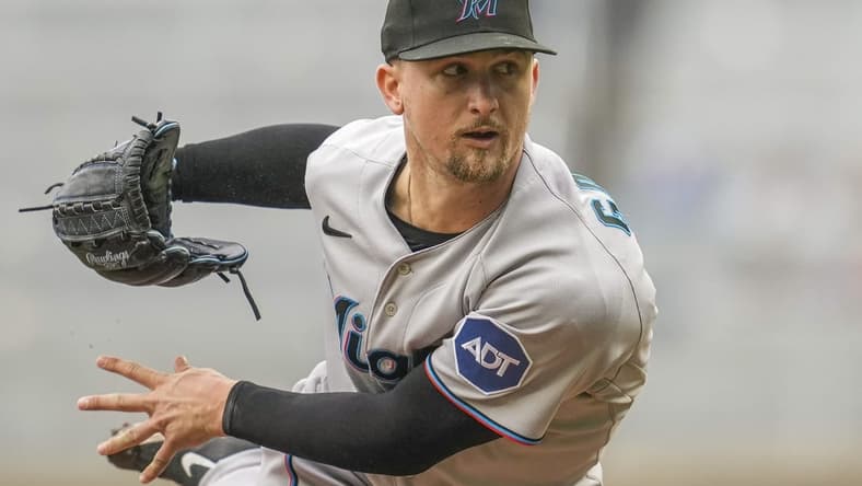 Apr 27, 2023; Cumberland, Georgia, USA; Miami Marlins starting pitcher Braxton Garrett (29) pitches against the Atlanta Braves during the first inning at Truist Park. Mandatory Credit: Dale Zanine-USA TODAY Sports