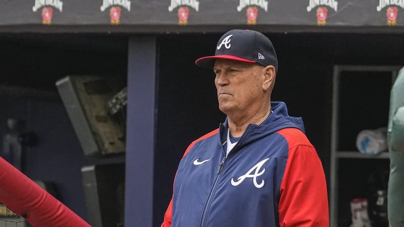 Apr 27, 2023; Cumberland, Georgia, USA; Atlanta Braves manager Brian Snitker (43) in the dugout during the game against the Miami Marlins during the first inning at Truist Park. Mandatory Credit: Dale Zanine-USA TODAY Sports