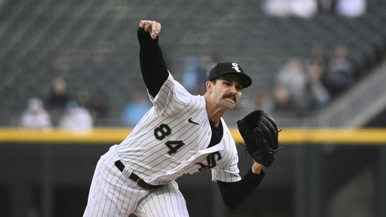 Apr 27, 2023; Chicago, Illinois, USA; Chicago White Sox starting pitcher Dylan Cease (84) delivers against the Tampa Bay Rays during the first inning at Guaranteed Rate Field. Mandatory Credit: Matt Marton-USA TODAY Sports