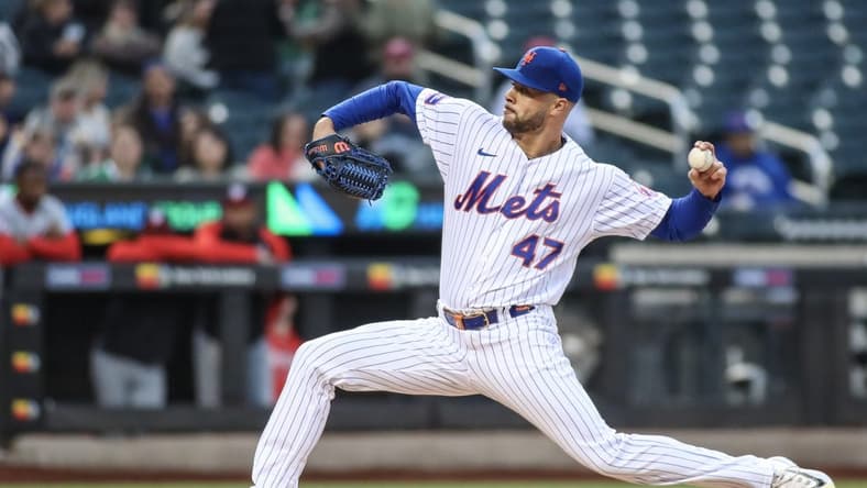 Apr 27, 2023; New York City, New York, USA;  New York Mets starting pitcher Joey Lucchesi (47) pitches in the first inning against the Washington Nationals at Citi Field. Mandatory Credit: Wendell Cruz-USA TODAY Sports