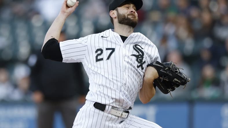 Apr 28, 2023; Chicago, Illinois, USA; Chicago White Sox starting pitcher Lucas Giolito (27) delivers against the Tampa Bay Rays during the first inning at Guaranteed Rate Field. Mandatory Credit: Kamil Krzaczynski-USA TODAY Sports