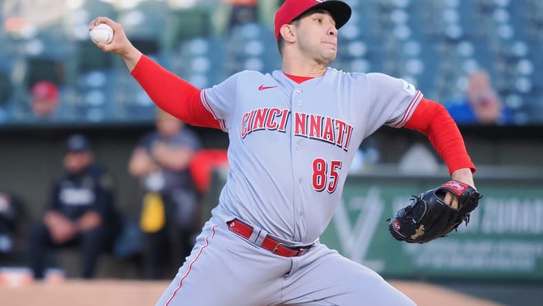 Apr 28, 2023; Oakland, California, USA; Cincinnati Reds starting pitcher Luis Cessa (85) pitches the ball against the Oakland Athletics during the first inning at Oakland Coliseum. Mandatory Credit: Kelley L Cox-USA TODAY Sports