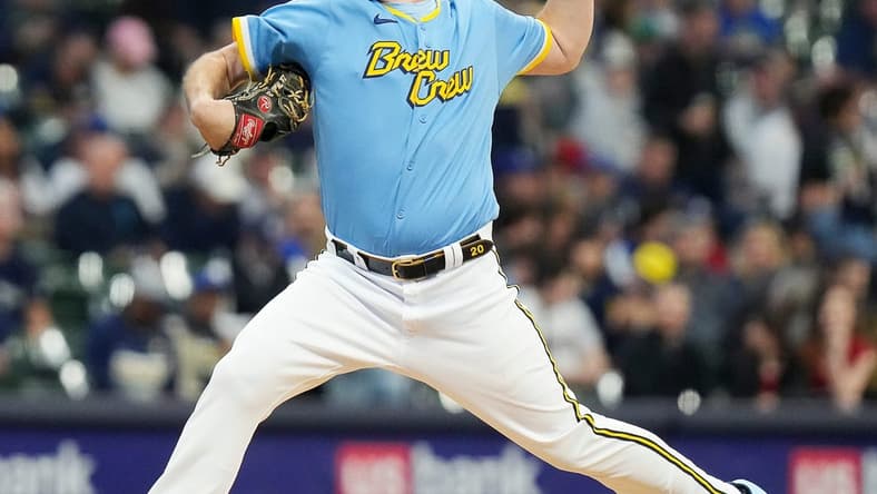 Brewers starting pitcher Wade Miley (20) pitches during the first inning of the game on Friday April 28, 2023 at American Family Field in Milwaukee, Wis.