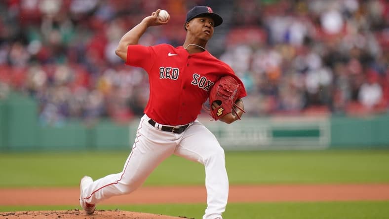 Apr 29, 2023; Boston, Massachusetts, USA; Boston Red Sox starting pitcher Brayan Bello (66) throws a pitch against the Cleveland Guardians in the first inning at Fenway Park. Mandatory Credit: David Butler II-USA TODAY Sports