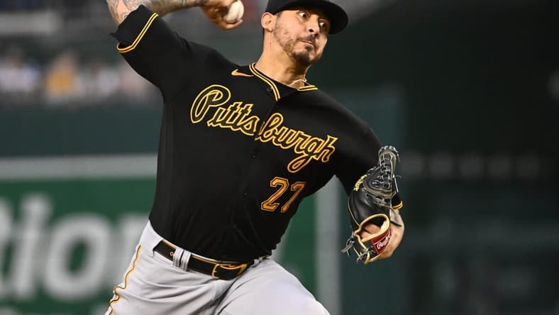 Apr 29, 2023; Washington, District of Columbia, USA; Pittsburgh Pirates starting pitcher Vince Velasquez (27) throws to the Washington Nationals during the fifth inning at Nationals Park. Mandatory Credit: Brad Mills-USA TODAY Sports