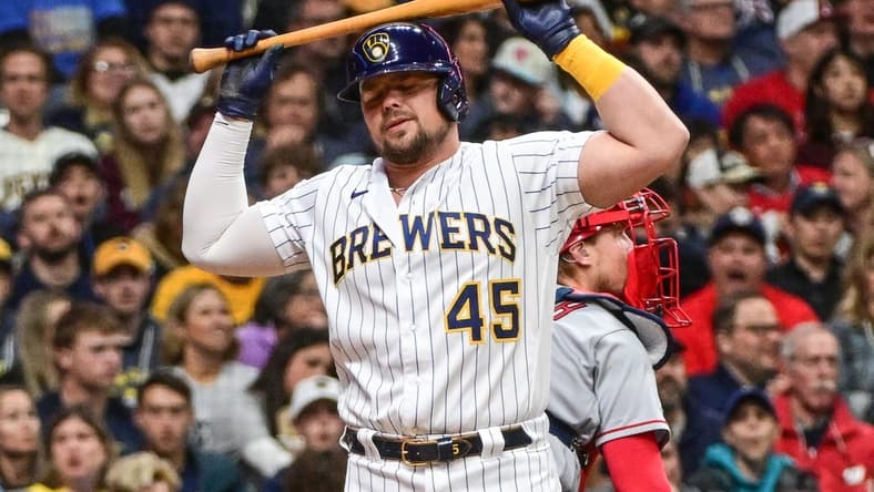 Apr 29, 2023; Milwaukee, Wisconsin, USA; Milwaukee Brewers first baseman Luke Voit (45) reacts after being called out on strikes against the Los Angeles Angels in the second inning at American Family Field. Mandatory Credit: Benny Sieu-USA TODAY Sports