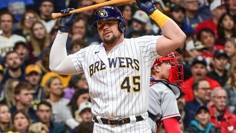 Apr 29, 2023; Milwaukee, Wisconsin, USA; Milwaukee Brewers first baseman Luke Voit (45) reacts after being called out on strikes against the Los Angeles Angels in the second inning at American Family Field. Mandatory Credit: Benny Sieu-USA TODAY Sports
