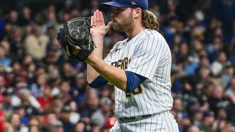 Apr 29, 2023; Milwaukee, Wisconsin, USA; Milwaukee Brewers pitcher Corbin Burnes (39) reacts after pitching out of a jam against the Los Angeles Angels in the fifth inning at American Family Field. Mandatory Credit: Benny Sieu-USA TODAY Sports