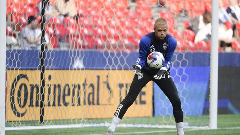 Apr 29, 2023; Vancouver, British Columbia, CAN; Colorado Rapids goalkeeper William Yarbrough (22) warms up prior the the match against the Vancouver Whitecaps FC at BC Place. Mandatory Credit: Anne-Marie Sorvin-USA TODAY Sports