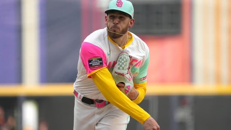 Apr 29, 2023; Mexico City, Mexico; San Diego Padres starting pitcher Joe Musgrove (44) throws against the San Francisco Giants in the third inning during a MLB World Tour game at Estadio Alfredo Harp Helu. Mandatory Credit: Kirby Lee-USA TODAY Sports