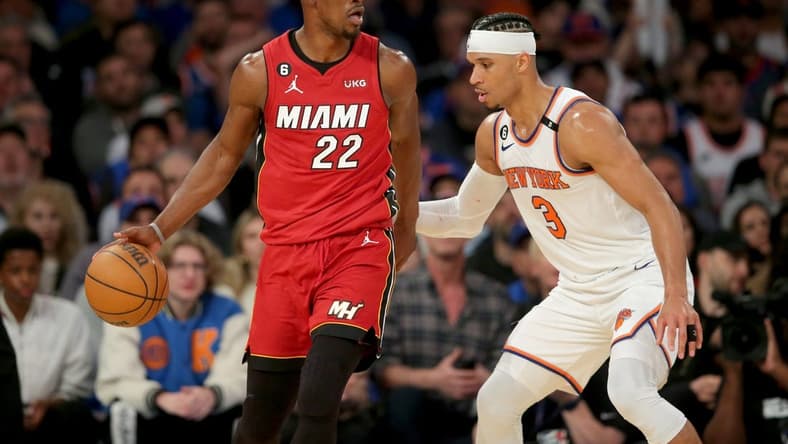 Apr 30, 2023; New York, New York, USA; Miami Heat forward Jimmy Butler (22) controls the ball against New York Knicks guard Josh Hart (3) during the third quarter of game one of the 2023 NBA Eastern Conference semifinal playoffs at Madison Square Garden. Mandatory Credit: Brad Penner-USA TODAY Sports