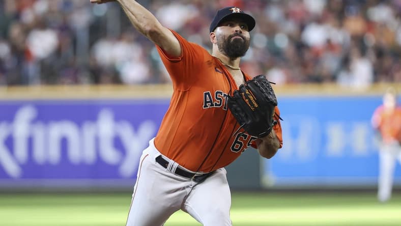 Apr 30, 2023; Houston, Texas, USA; Houston Astros starting pitcher Jose Urquidy (65) delivers a pitch during the second inning against the Philadelphia Phillies at Minute Maid Park. Mandatory Credit: Troy Taormina-USA TODAY Sports