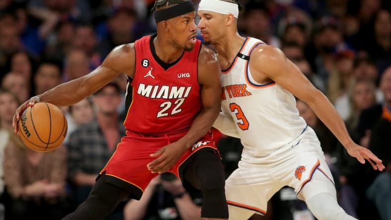 Apr 30, 2023; New York, New York, USA; Miami Heat forward Jimmy Butler (22) controls the ball against New York Knicks guard Josh Hart (3) during the third quarter of game one of the 2023 NBA Eastern Conference semifinal playoffs at Madison Square Garden. Mandatory Credit: Brad Penner-USA TODAY Sports