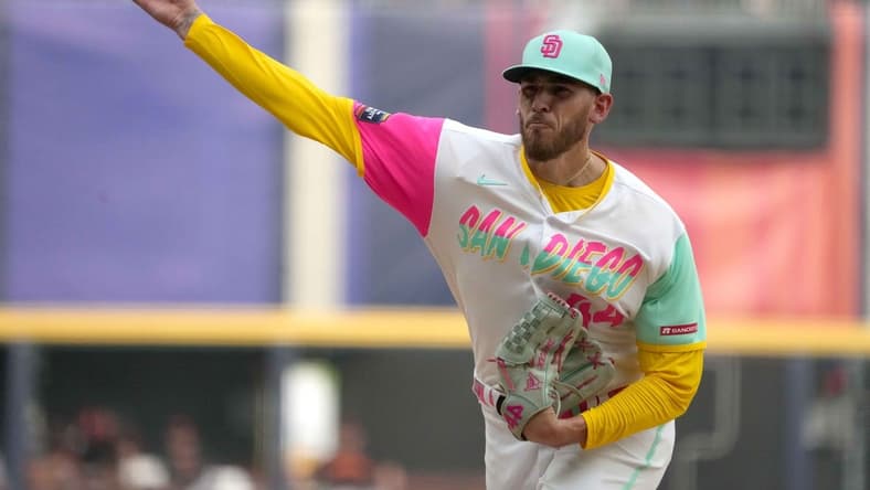 Apr 29, 2023; Mexico City, Mexico; San Diego Padres starting pitcher Joe Musgrove (44) throws in the third inning against the San Francisco Giants during a MLB World Tour game at Estadio Alfredo Harp Helu. Mandatory Credit: Kirby Lee-USA TODAY Sports