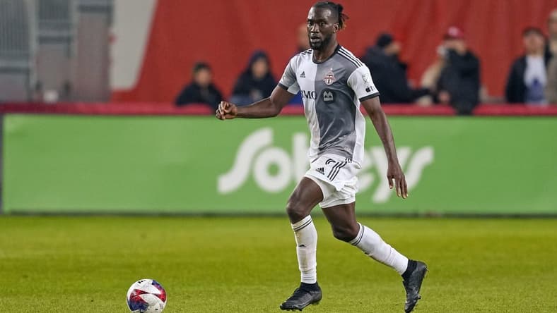 Apr 29, 2023; Toronto, Ontario, CAN; Toronto FC forward CJ Sapong (9) controls the ball against New York City FC during the second half at BMO Field. Mandatory Credit: Nick Turchiaro-USA TODAY Sports