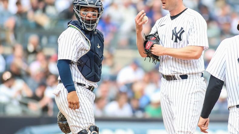 Apr 22, 2023; Bronx, New York, USA;  New York Yankees catcher Jose Trevino (39) and pitcher Gerrit Cole (45) at Yankee Stadium. Mandatory Credit: Wendell Cruz-USA TODAY Sports