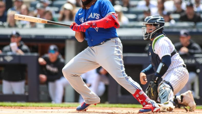 Apr 22, 2023; Bronx, New York, USA; Toronto Blue Jays first baseman Vladimir Guerrero Jr. (27) at Yankee Stadium. Mandatory Credit: Wendell Cruz-USA TODAY Sports