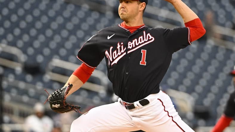 May 1, 2023; Washington, District of Columbia, USA; Washington Nationals starting pitcher MacKenzie Gore (1) throws to the Chicago Cubs during the first inning at Nationals Park. Mandatory Credit: Brad Mills-USA TODAY Sports