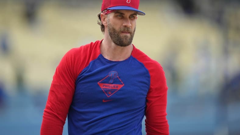 May 1, 2023; Los Angeles, California, USA; Philadelphia Phillies right fielder Bryce Harper before the game against the Los Angeles Dodgers at Dodger Stadium. Mandatory Credit: Kirby Lee-USA TODAY Sports