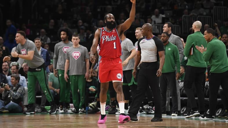 May 1, 2023; Boston, Massachusetts, USA; Philadelphia 76ers guard James Harden (1) reacts after a basket in the second half during game one of the 2023 NBA playoffs against the Boston Celtics at TD Garden. Mandatory Credit: Bob DeChiara-USA TODAY Sports