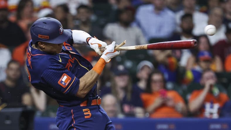 May 1, 2023; Houston, Texas, USA; Houston Astros shortstop Jeremy Pena (3) has a broken bat on an RBI single during the seventh inning against the San Francisco Giants at Minute Maid Park. Mandatory Credit: Troy Taormina-USA TODAY Sports