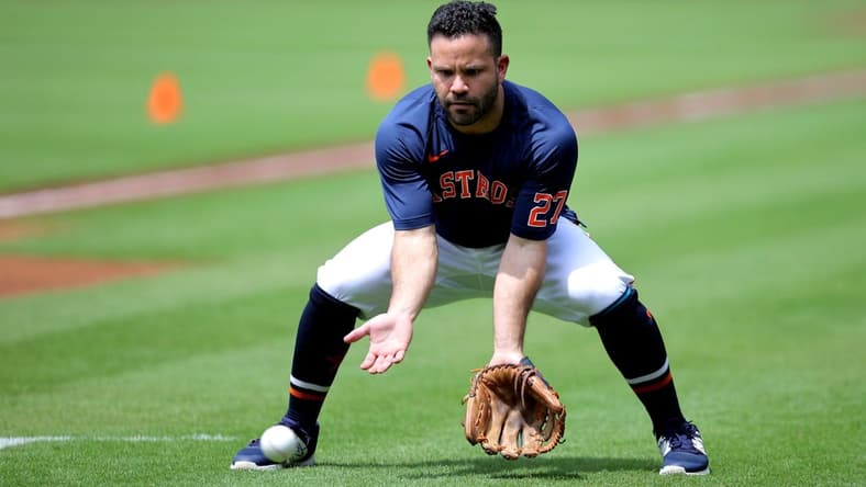 May 2, 2023; Houston, Texas, USA; Houston Astros second baseman Jose Altuve (27) works out prior to the game against the San Francisco Giants at Minute Maid Park. Mandatory Credit: Erik Williams-USA TODAY Sports