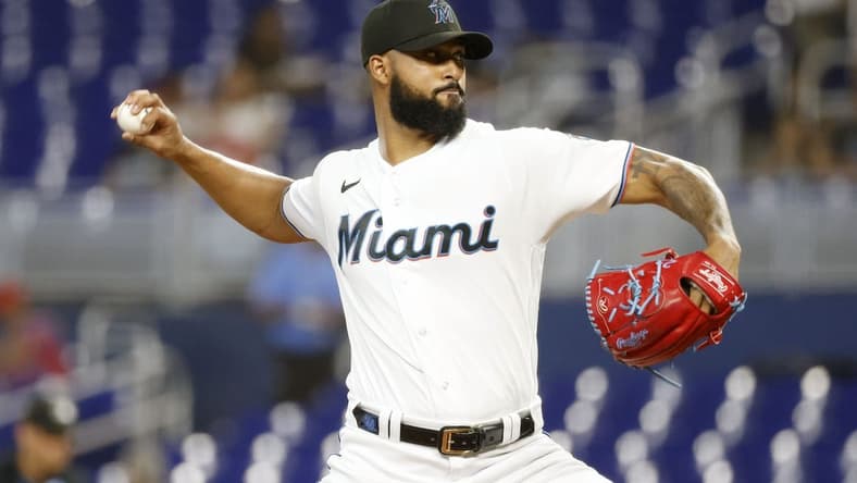 May 2, 2023; Miami, Florida, USA; Miami Marlins starting pitcher Sandy Alcantara (22) pitches against the Atlanta Braves during the first inning at loanDepot Park. Mandatory Credit: Rhona Wise-USA TODAY Sports