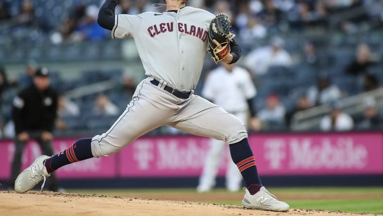 May 2, 2023; Bronx, New York, USA; Cleveland Guardians starting pitcher Tanner Bibee (61) pitches in the first inning against the against the New York Yankees at Yankee Stadium. Mandatory Credit: Wendell Cruz-USA TODAY Sports