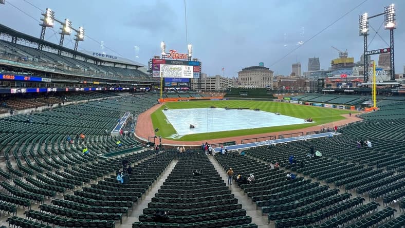 May 2, 2023; Detroit, Michigan, USA; A general view of Comerica Park during a rain delay before a game between the New York Mets and Detroit Tigers. Mandatory Credit: Rick Osentoski-USA TODAY Sports