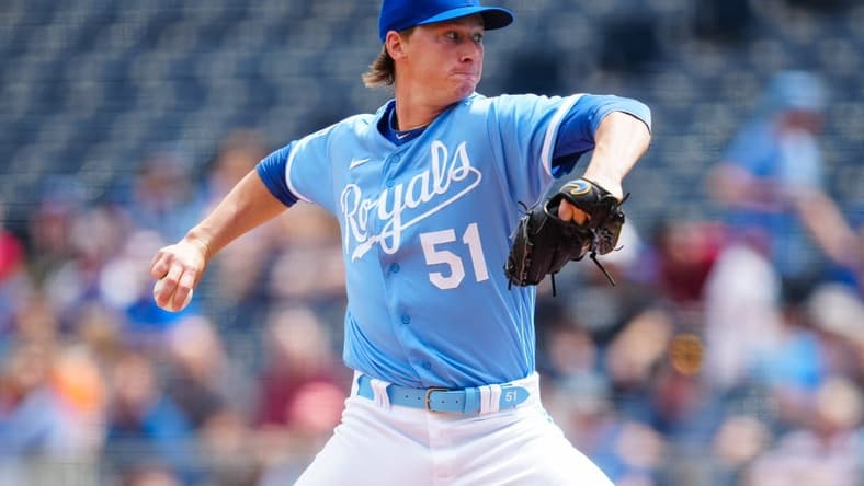 Apr 19, 2023; Kansas City, Missouri, USA; Kansas City Royals starting pitcher Brady Singer (51) pitches during the second inning against the Texas Rangers at Kauffman Stadium. Mandatory Credit: Jay Biggerstaff-USA TODAY Sports
