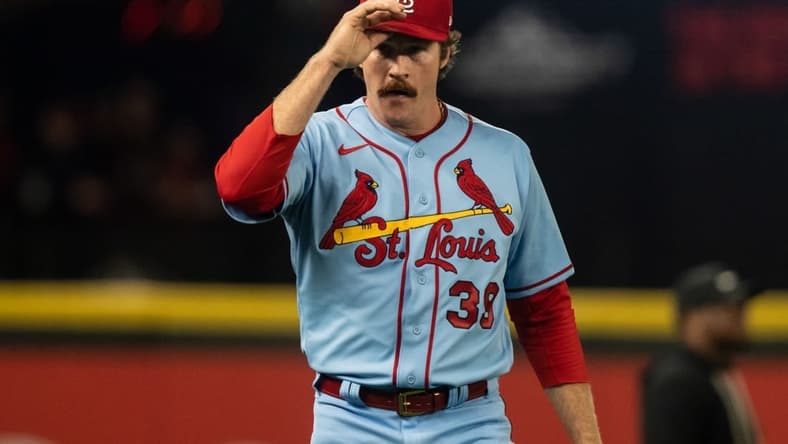 Apr 22, 2023; Seattle, Washington, USA; St. Louis Cardinals starting pitcher Miles Mikolas (39) before a game against the Seattle Mariners at T-Mobile Park. Mandatory Credit: Stephen Brashear-USA TODAY Sports
